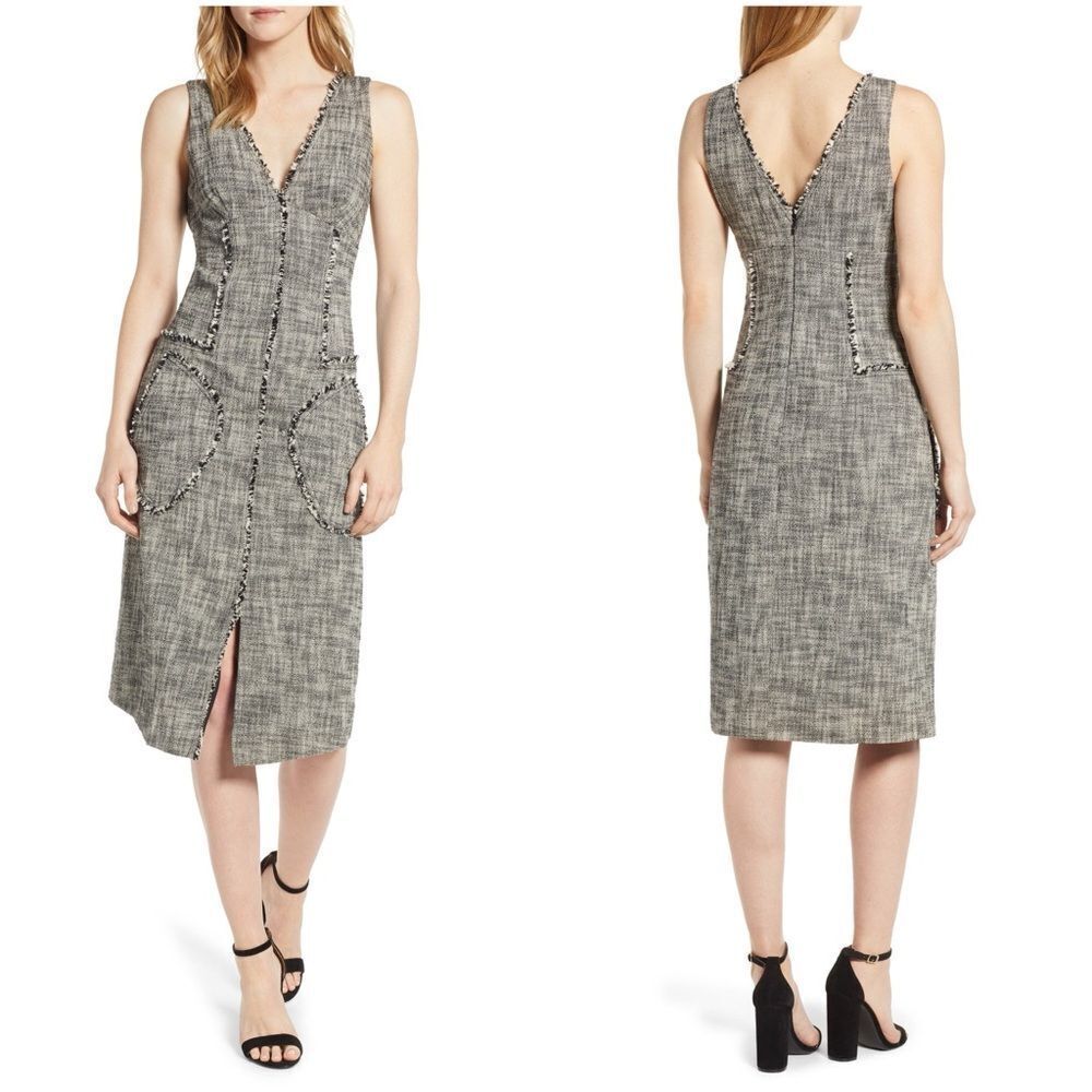 Rachel Roy Collection Raw Edge MIDI Tweed Dress Black White Size 0